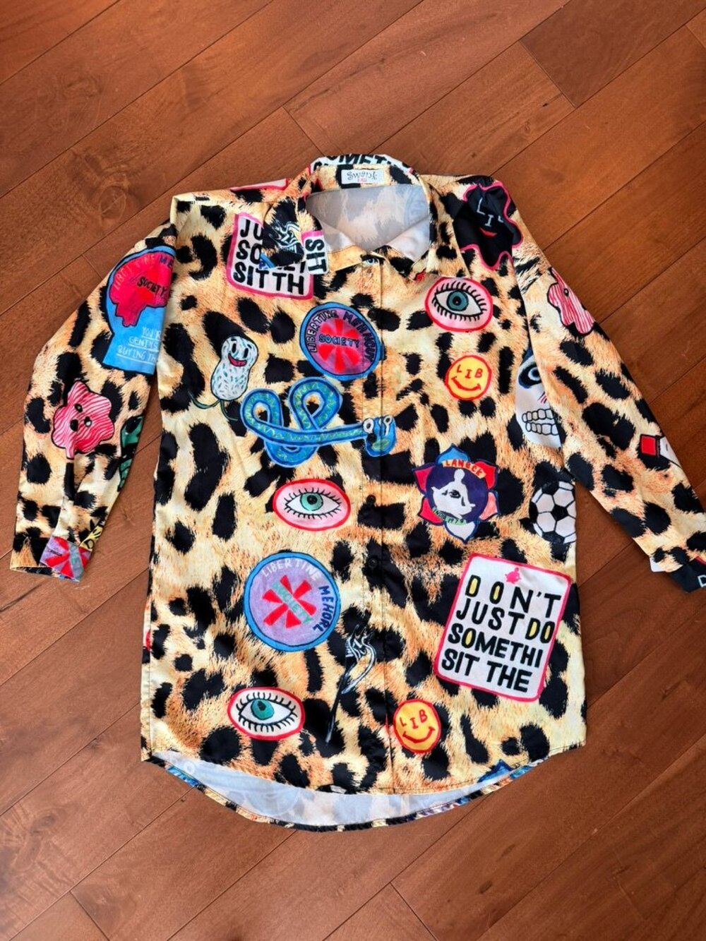 Swank A Posh Leopard Graffiti Patch Print Oversized Shirt Dress